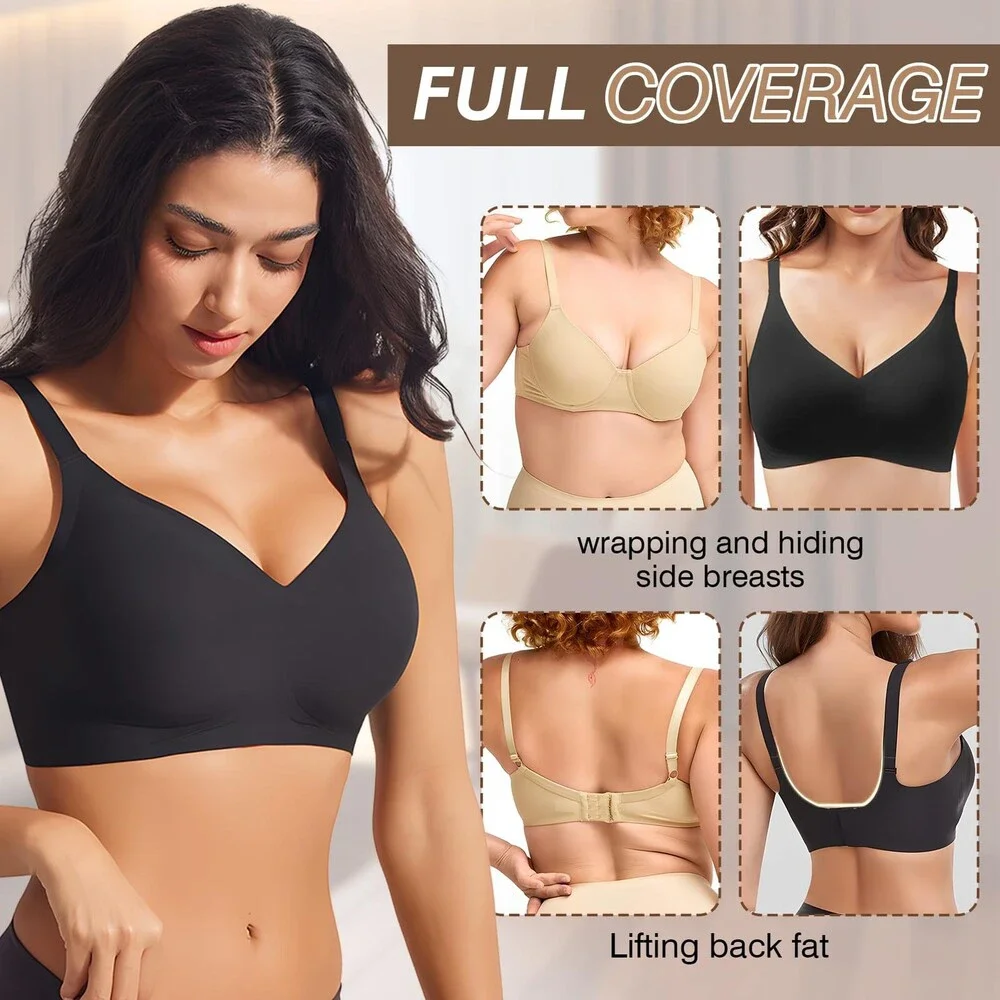 Greoay Women's Black Bras Wireless Push Up Seamless Wire-Free Full Support XL